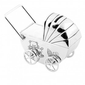 Silver Plated Money Box Pram / Moving Wheels White