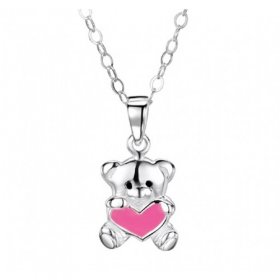 Jo for Girls Sterling Silver Cute Pink Heart Teddy Pendant