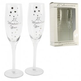 Amore Pair of Champagne Flutes 25th Anniversary Foil & Crystals 