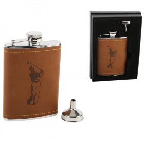 Harvey Makin 6oz Hip Flask with Brown PU wrap - Golf Design 