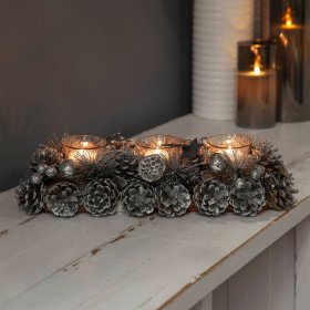  Silver Pinecone Triple Tealight Holder Centrepiece