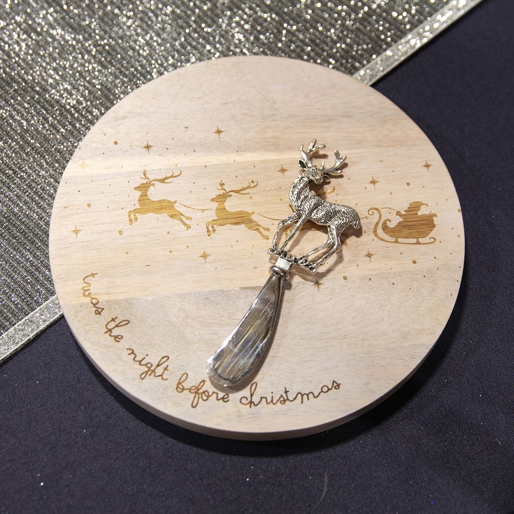 Whitewashed Bamboo Santa's Sleigh Cheese Board with Knife Gift Shop