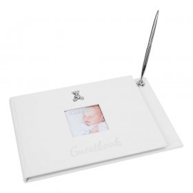 Baby White Leatherette Guest Book & Pen Set